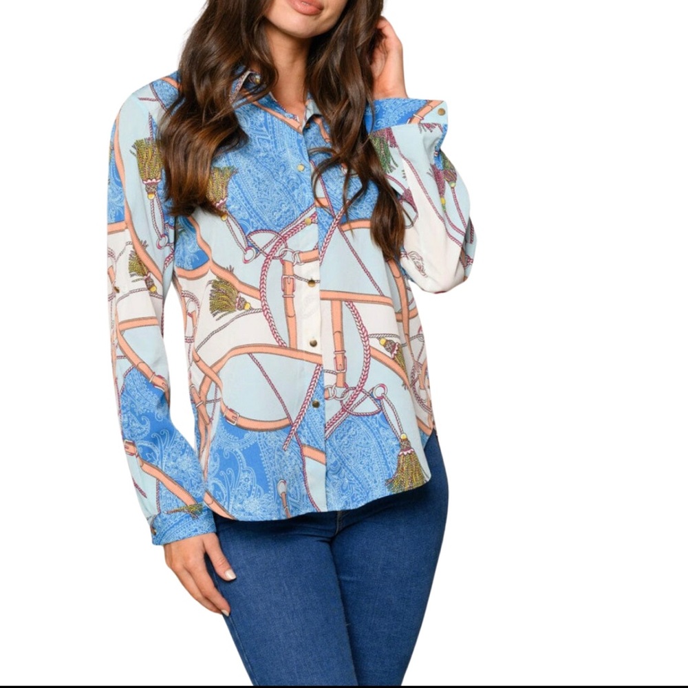 New Grifflin Paris Women’s Multi Print Long Sleeve Button-down Top - Picture 1 of 4